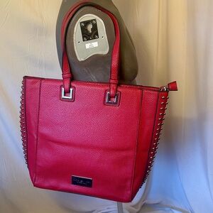 Marc New York Andrew Marc Red Pebbled Leather Tote Bag with Silver Studded Sides